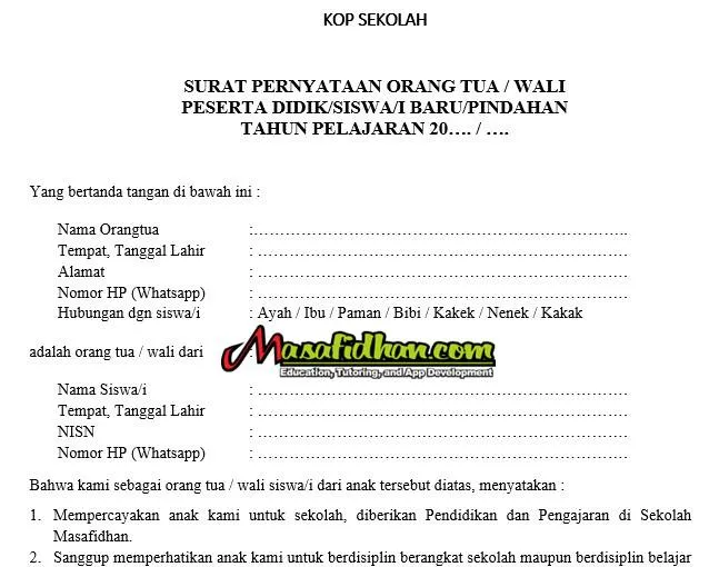 Surat Pernyataan Orangtua Wali Murid Baru Atau Pindahan